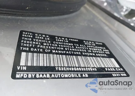 2006 Saab 9-5 2.3T Sport z USA, uszkodzony, nr VIN YS3EH49G863520940